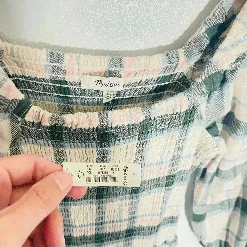 NWT Madewell Lucie Elbow-Sleeve Smocked Mini Dress Plaid